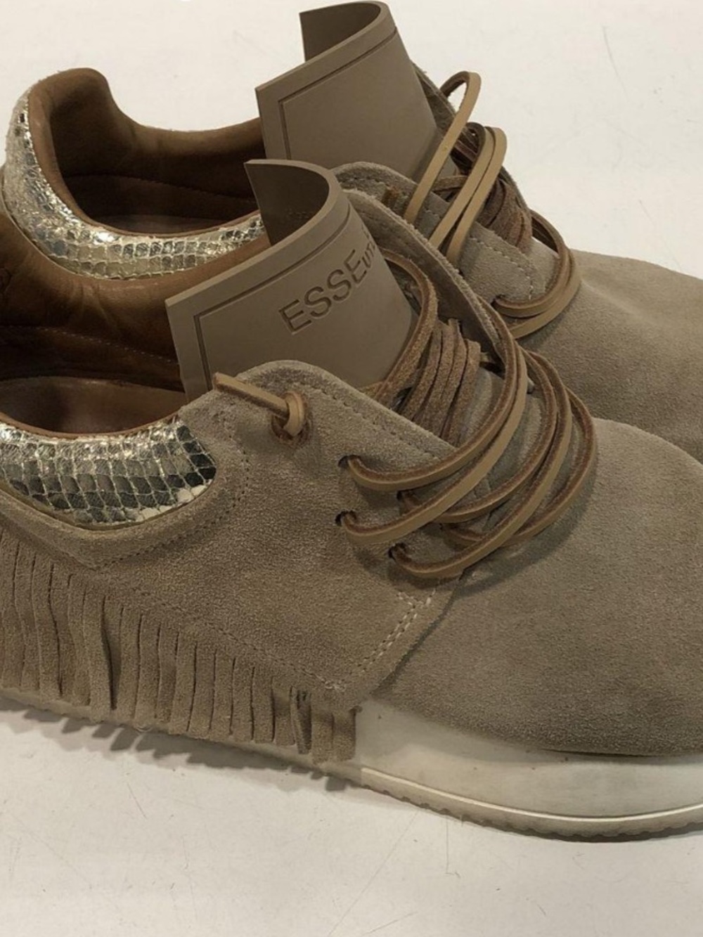 Esseutesse Women’s Suede Fringe Sneaker in Taupe Size 38